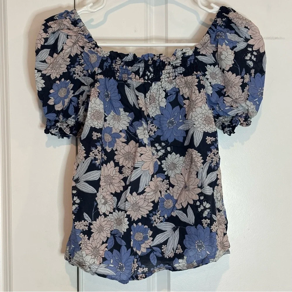 J. Crew Zinnia Floral Square Smock Neck Puff Short Sleeve Top XXS